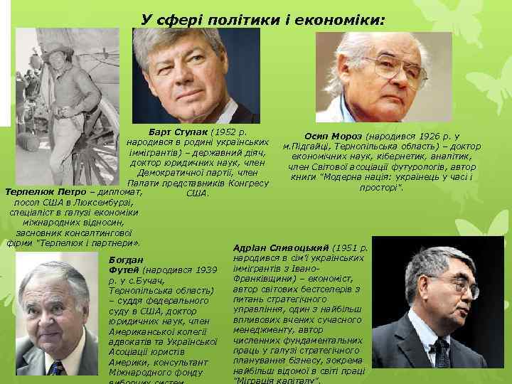 У сфері політики і економіки: Барт Ступак (1952 р. Осип Мороз (народився 1926 р.