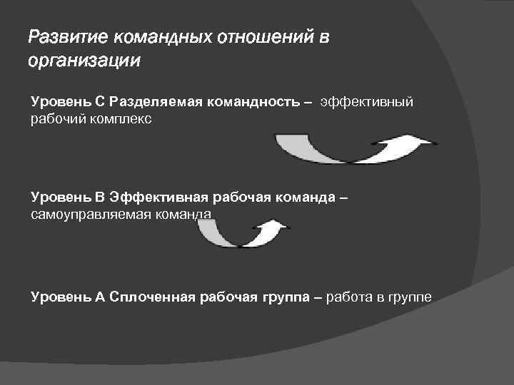 Развитие командных отношений в организации Уровень С Разделяемая командность – эффективный рабочий комплекс Уровень