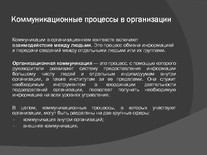 Коммуникационные процессы в организации Коммуникации в организационном контексте включают взаимодействие между людьми. Это процесс