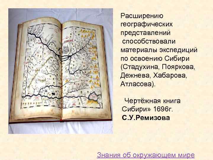 Расширению географических представлений способствовали материалы экспедиций по освоению Сибири (Стадухина, Пояркова, Дежнева, Хабарова, Атласова).