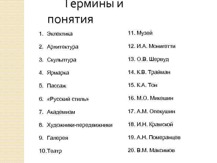 Термины и понятия 1. Эклектика 11. Музей 2. Архитектура 12. И. А. Монигетти 3.