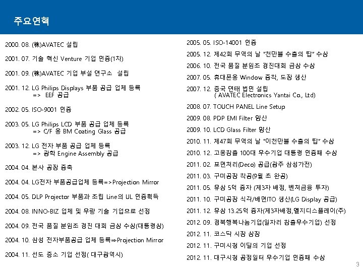 주요연혁 2000. 08. (株)AVATEC 설립 2001. 07. 기술 혁신 Venture 기업 인증(1차) 2001. 09.