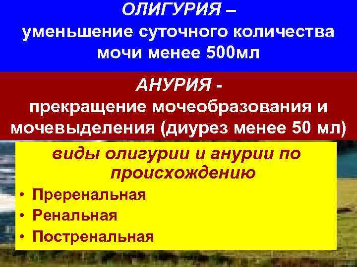 ОЛИГУРИЯ – уменьшение суточного количества мочи менее 500 мл АНУРИЯ прекращение мочеобразования и мочевыделения
