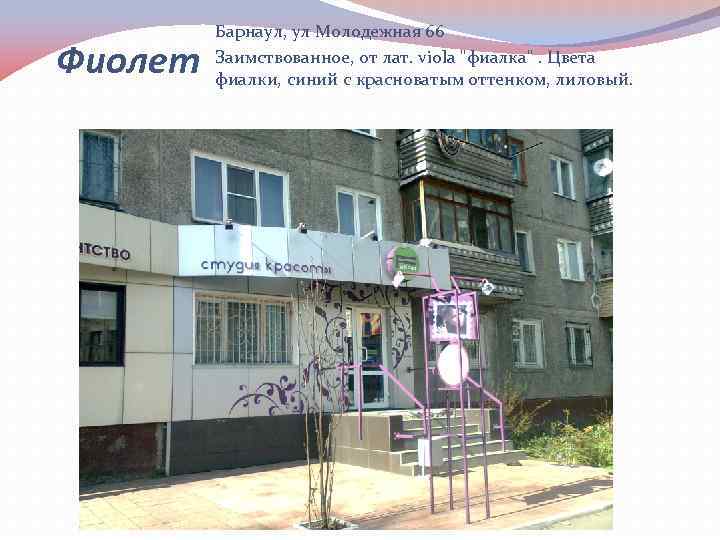 Фиолет Барнаул, ул Молодежная 66 Заимствованное, от лат. viola "фиалка". Цвета фиалки, синий с