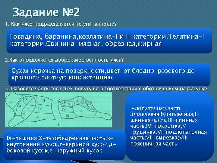 Задание № 2 1. Как мясо подразделяется по упитанности? Говядина, баранина, козлятина-I и II