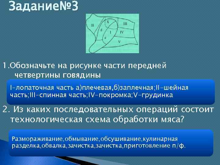 Задание№ 3 1. Обозначьте на рисунке части передней четвертины говядины I-лопаточная часть а)плечевая, б)заплечная;