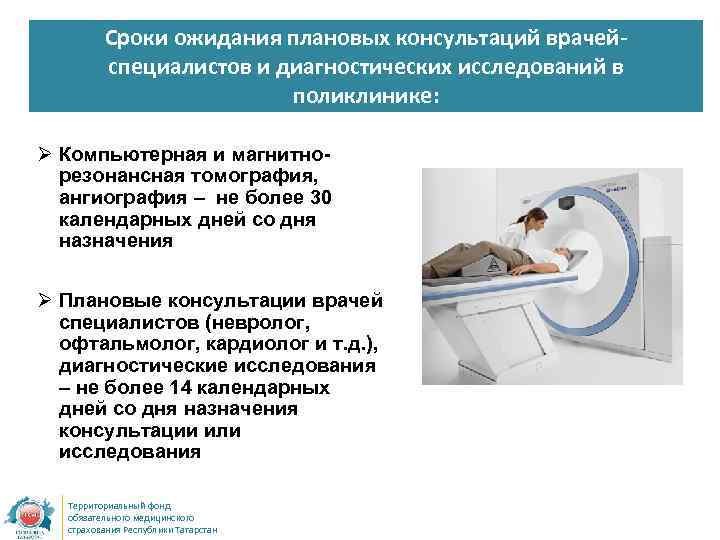 Cроки ожидания плановых консультаций врачейспециалистов и диагностических исследований в поликлинике: Ø Компьютерная и магнитнорезонансная