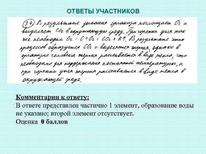 ОТВЕТЫ УЧАСТНИКОВ Комментарии к ответу: В ответе представлен частично 1 элемент, образование воды не