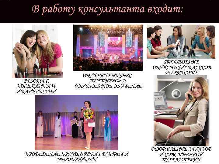 РАБОТА С ПОСТОЯННЫМ И КЛИЕНТАМИ ОБУЧЕНИЕ БИЗНЕСПАРТНЕРОВ И СОБСТВЕННОЕ ОБУЧЕНИЕ ПРОВЕДЕНИЕ ПРАЗДНИЧНЫХ ВСТРЕЧ И