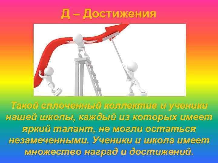 Д – Достижения Такой сплоченный коллектив и ученики нашей школы, каждый из которых имеет