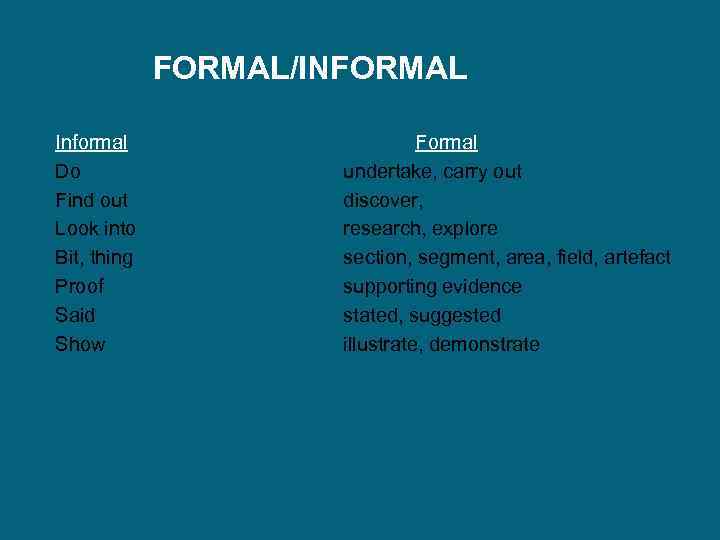 FORMAL/INFORMAL Informal Formal Do undertake, carry out Find out discover, Look into research, explore
