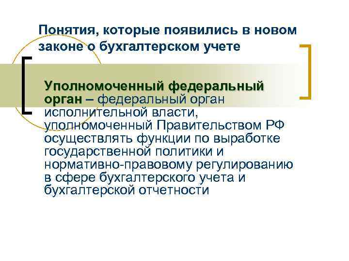 Понятия, которые появились в новом законе о бухгалтерском учете Уполномоченный федеральный орган – федеральный