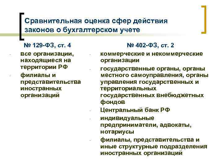 Сравнительная оценка сфер действия законов о бухгалтерском учете - - № 129 -ФЗ, ст.