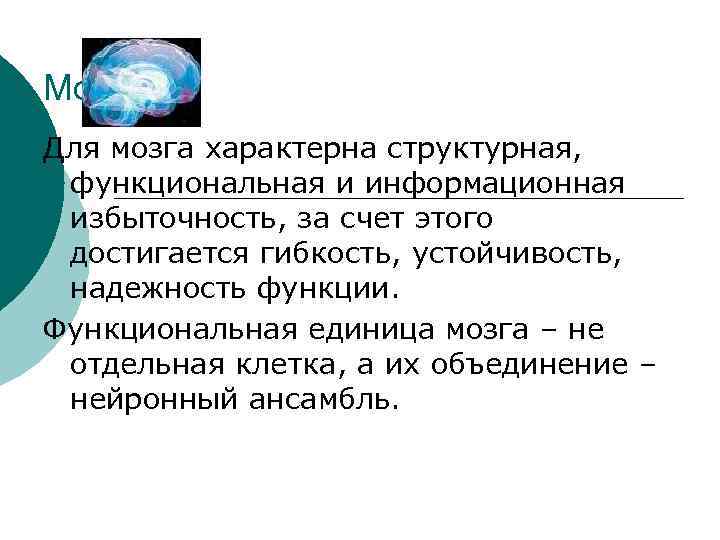 Мозг Для мозга характерна структурная, функциональная и информационная избыточность, за счет этого достигается гибкость,