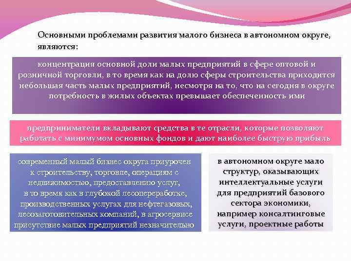 Основными проблемами развития малого бизнеса в автономном округе, являются: концентрация основной доли малых предприятий