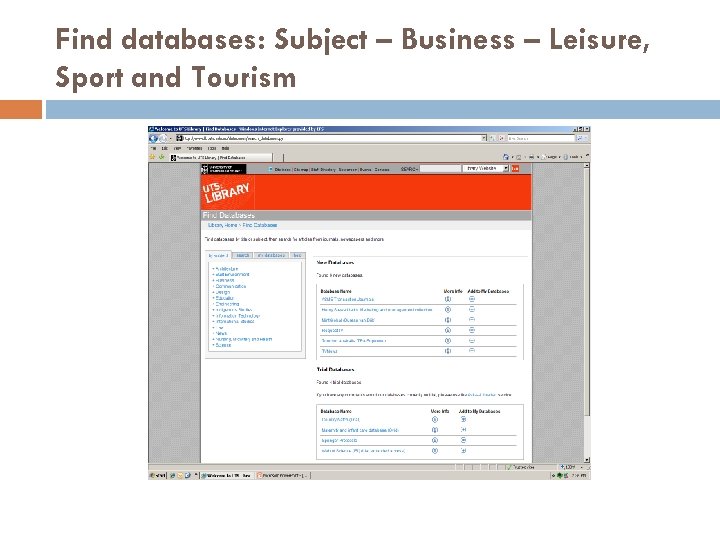 Find databases: Subject – Business – Leisure, Sport and Tourism 