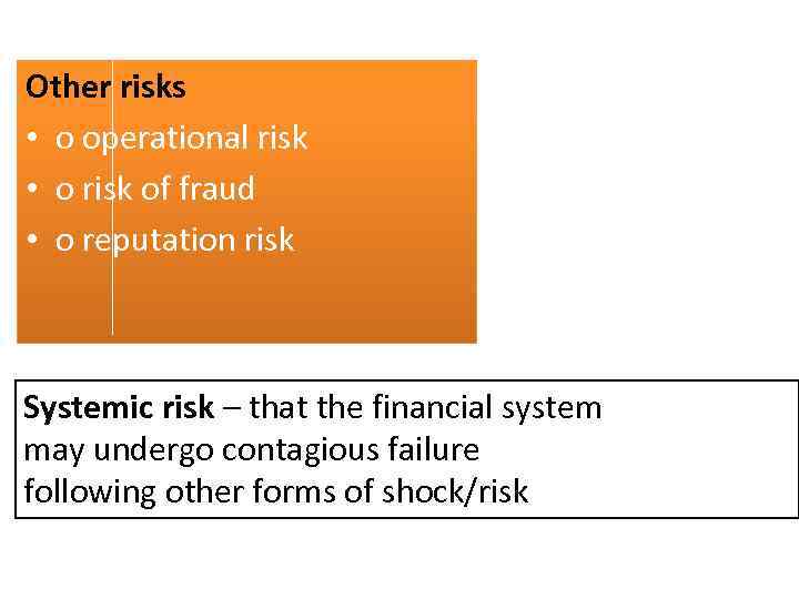 Other risks • o operational risk • o risk of fraud • o reputation