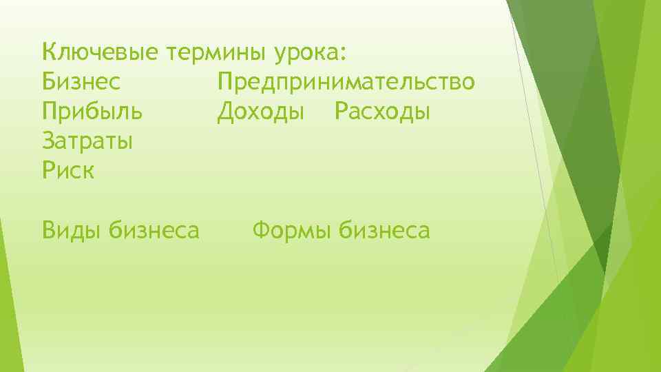 Ключевые термины урока: Бизнес Предпринимательство Прибыль Доходы Расходы Затраты Риск Виды бизнеса Формы бизнеса