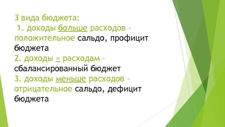 3 вида бюджета: 1. доходы больше расходов – положительное сальдо, профицит бюджета 2. доходы