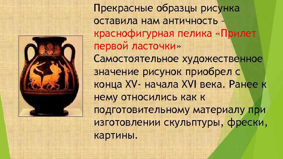Прекрасные образцы рисунка оставила нам античность – краснофигурная пелика «Прилет первой ласточки» Самостоятельное художественное