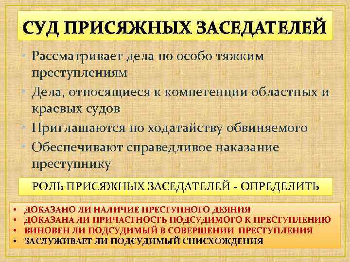 СУД ПРИСЯЖНЫХ ЗАСЕДАТЕЛЕЙ • Рассматривает дела по особо тяжким преступлениям • Дела, относящиеся к