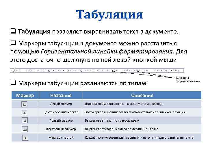 Табуляция q Табуляция позволяет выравнивать текст в документе. q Маркеры табуляции в документе можно