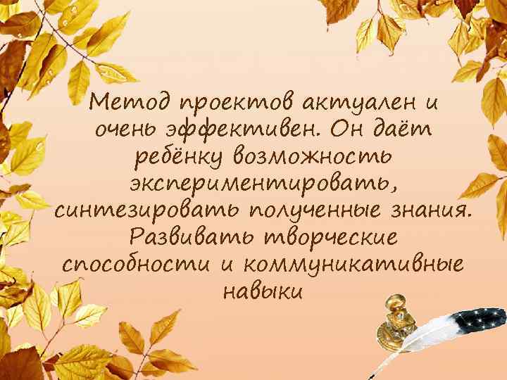 Метод проектов актуален и очень эффективен. Он даёт ребёнку возможность экспериментировать, синтезировать полученные знания.