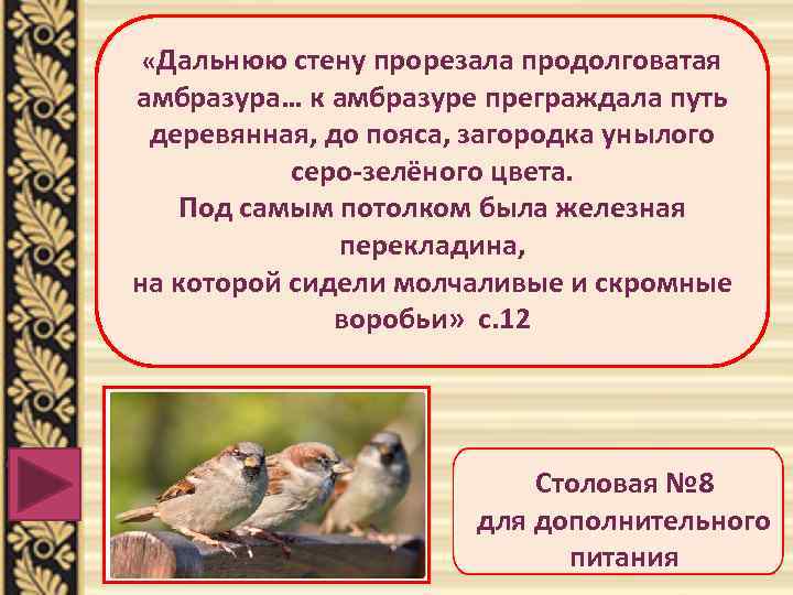  «Дальнюю стену прорезала продолговатая амбразура… к амбразуре преграждала путь деревянная, до пояса, загородка