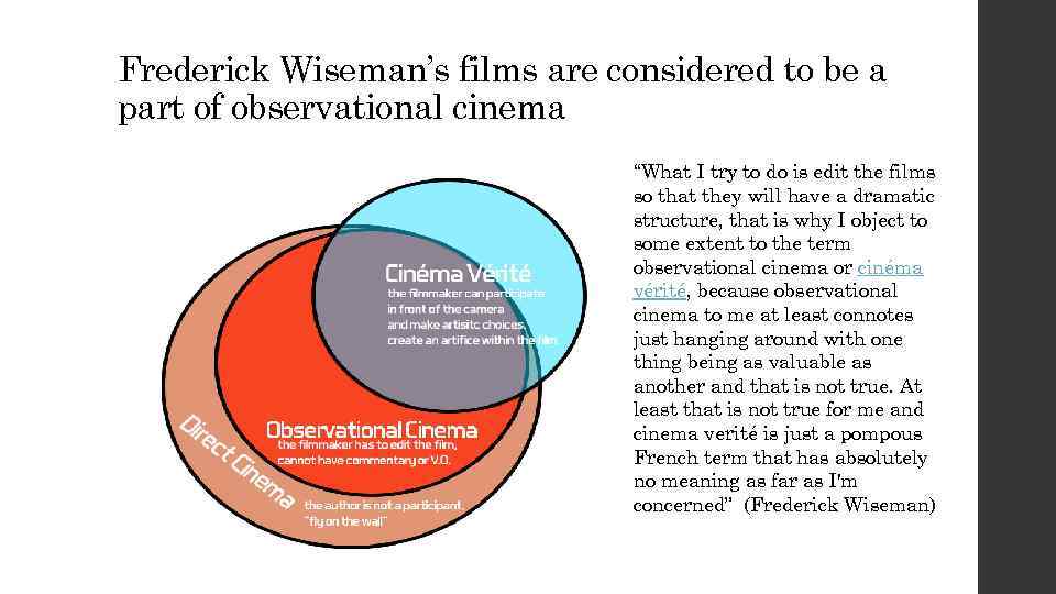 Frederick Wiseman’s films are considered to be a part of observational cinema “What I