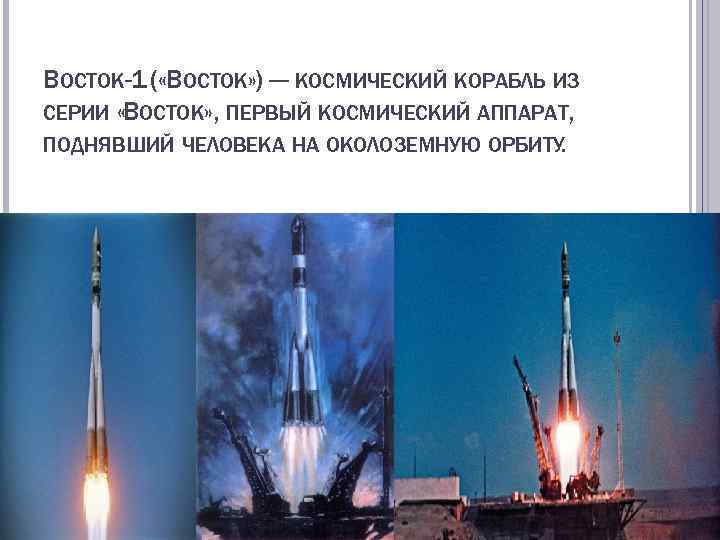 ВОСТОК-1 ( «ВОСТОК» ) — КОСМИЧЕСКИЙ КОРАБЛЬ ИЗ СЕРИИ «ВОСТОК» , ПЕРВЫЙ КОСМИЧЕСКИЙ АППАРАТ,