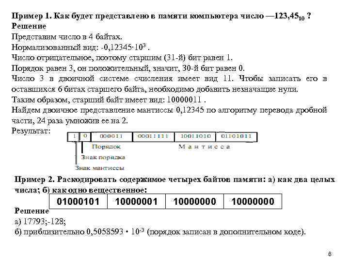Пример 1. Как будет представлено в памяти компьютера число — 123, 4510 ? Решение