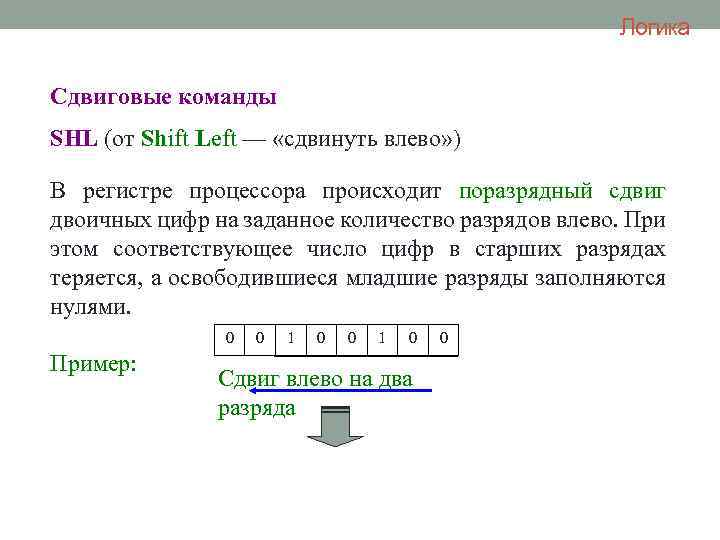 Логика Сдвиговые команды SHL (от Shift Left — «сдвинуть влево» ) В регистре процессора