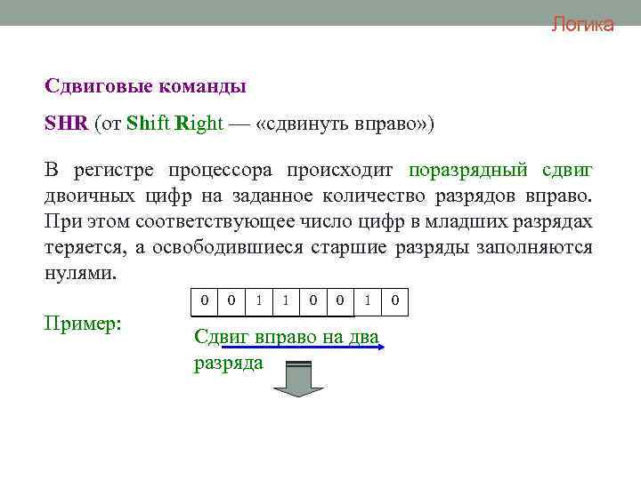 Логика Сдвиговые команды SHR (от Shift Right — «сдвинуть вправо» ) В регистре процессора