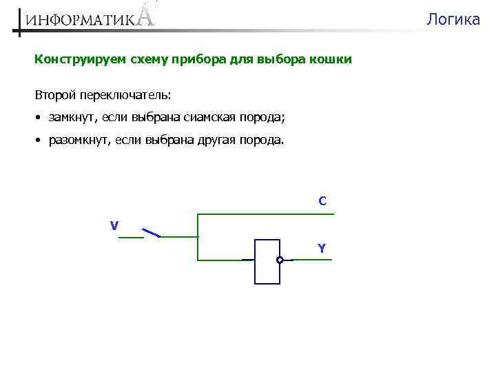 Логика Конструируем схему прибора для выбора кошки Второй переключатель: • замкнут, если выбрана сиамская