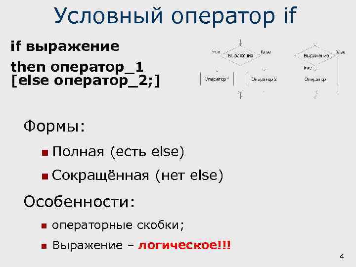 Условная форма. Оператор if. Оператор ветвления if...else. Операторные скобки в Паскале условиях. Условие в условном операторе if.