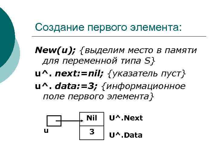 Создание первого элемента: New(u); {выделим место в памяти для переменной типа S} u^. next: