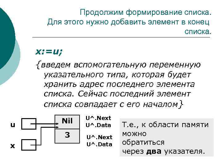 Продолжим формирование списка. Для этого нужно добавить элемент в конец списка. х: =u; {введем