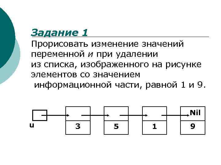 Задание 1 Прорисовать изменение значений переменной и при удалении из списка, изображенного на рисунке