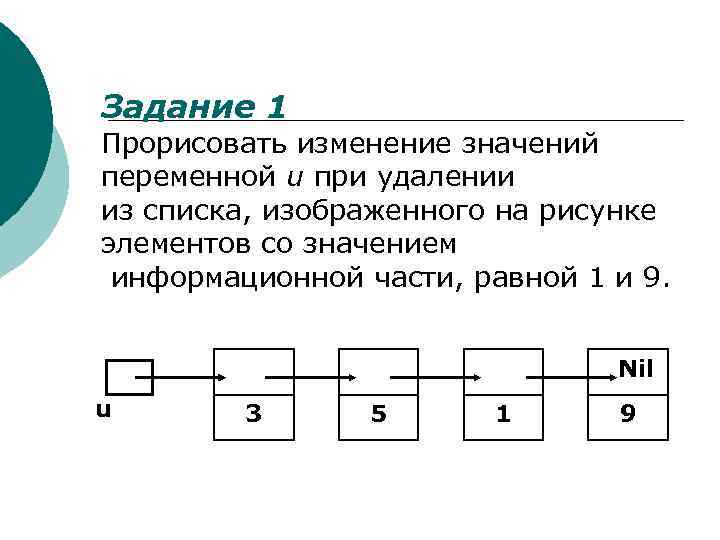 Задание 1 Прорисовать изменение значений переменной u при удалении из списка, изображенного на рисунке