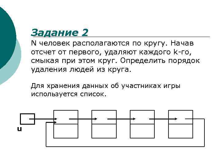 Задание 2 N человек располагаются по кругу. Начав отсчет от первого, удаляют каждого k-го,