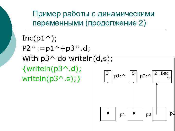 Пример работы с динамическими переменными (продолжение 2) Inc(p 1^); P 2^: =p 1^+p 3^.