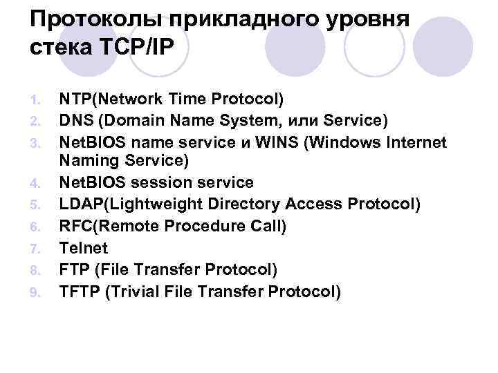 Протоколы прикладного уровня стека TCP/IP 1. 2. 3. 4. 5. 6. 7. 8. 9.