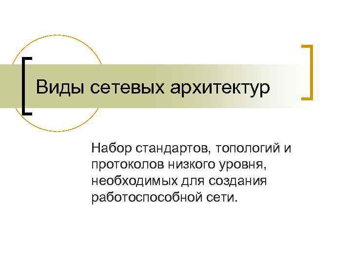 Виды сетевых архитектур Набор стандартов, топологий и протоколов низкого уровня, необходимых для создания работоспособной