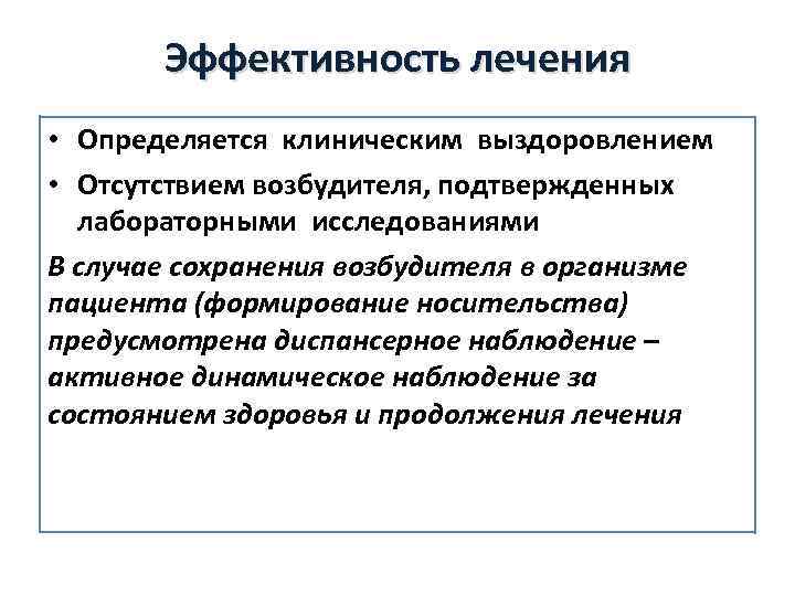 Эффективность лечения • Определяется клиническим выздоровлением • Отсутствием возбудителя, подтвержденных лабораторными исследованиями В случае