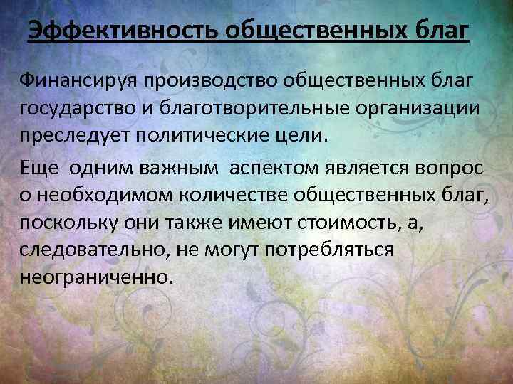 Эффективность общественных благ Финансируя производство общественных благ государство и благотворительные организации преследует политические цели.