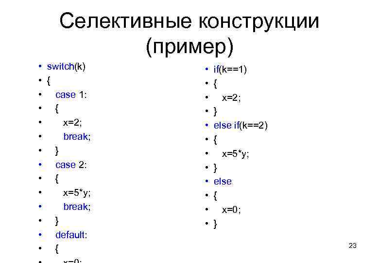Селективные конструкции (пример) • switch(k) • { • case 1: • { • x=2;