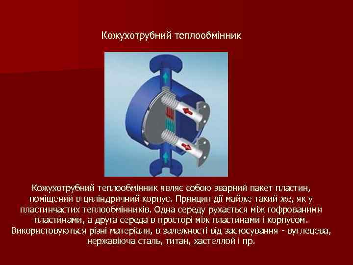 Кожухотрубний теплообмінник являє собою зварний пакет пластин, поміщений в циліндричний корпус. Принцип дії майже