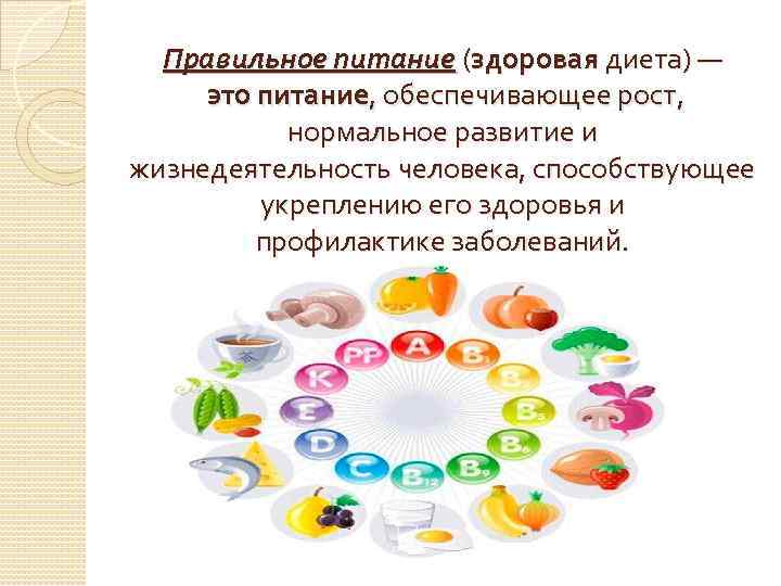 Правильное питание (здоровая диета) — это питание, обеспечивающее рост, нормальное развитие и жизнедеятельность человека,