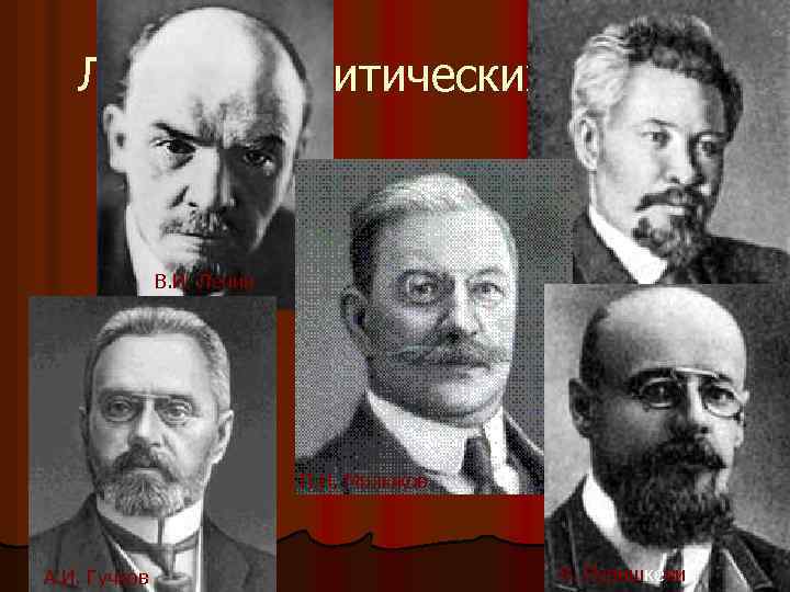 Лидеры политических партий В. И. Ленин В. М. Чернов П. Н. Милюков А. И.