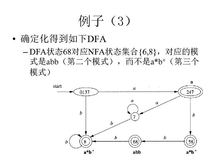 例子（3） • 确定化得到如下DFA – DFA状态68对应NFA状态集合{6, 8}，对应的模 式是abb（第二个模式），而不是a*b+（第三个 模式） 